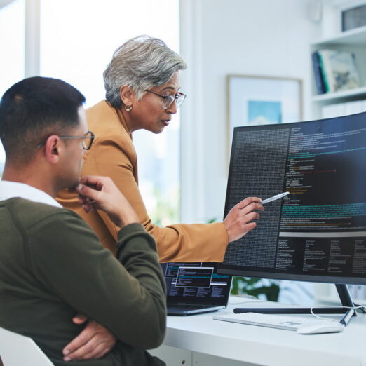 Coaching, mentor and programmer with business people and computer for coding, developer or informat.